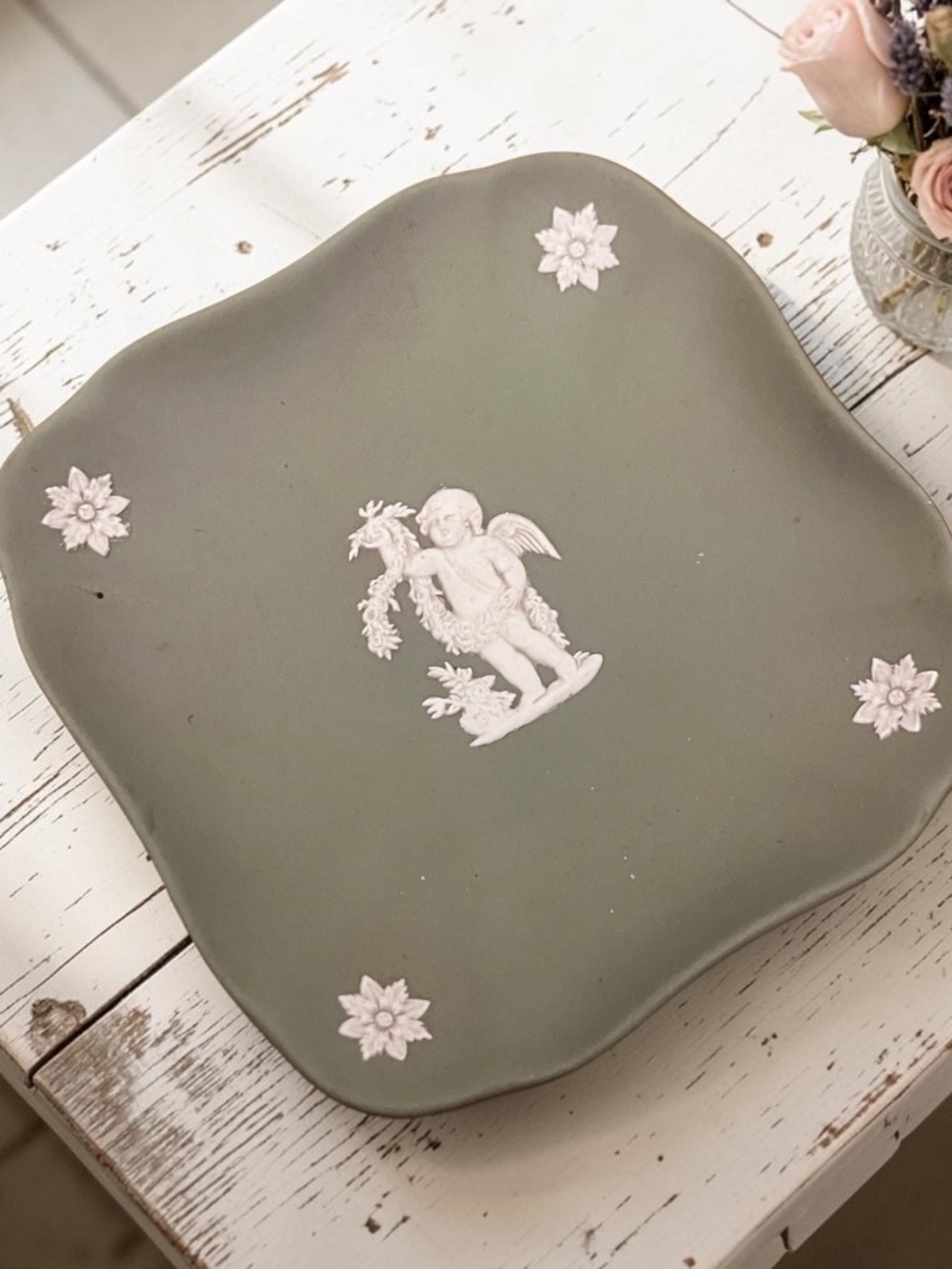 Vintage Wedgwood / Sage Green Jasperware / Trinket Dish / 1950s Square Cherub